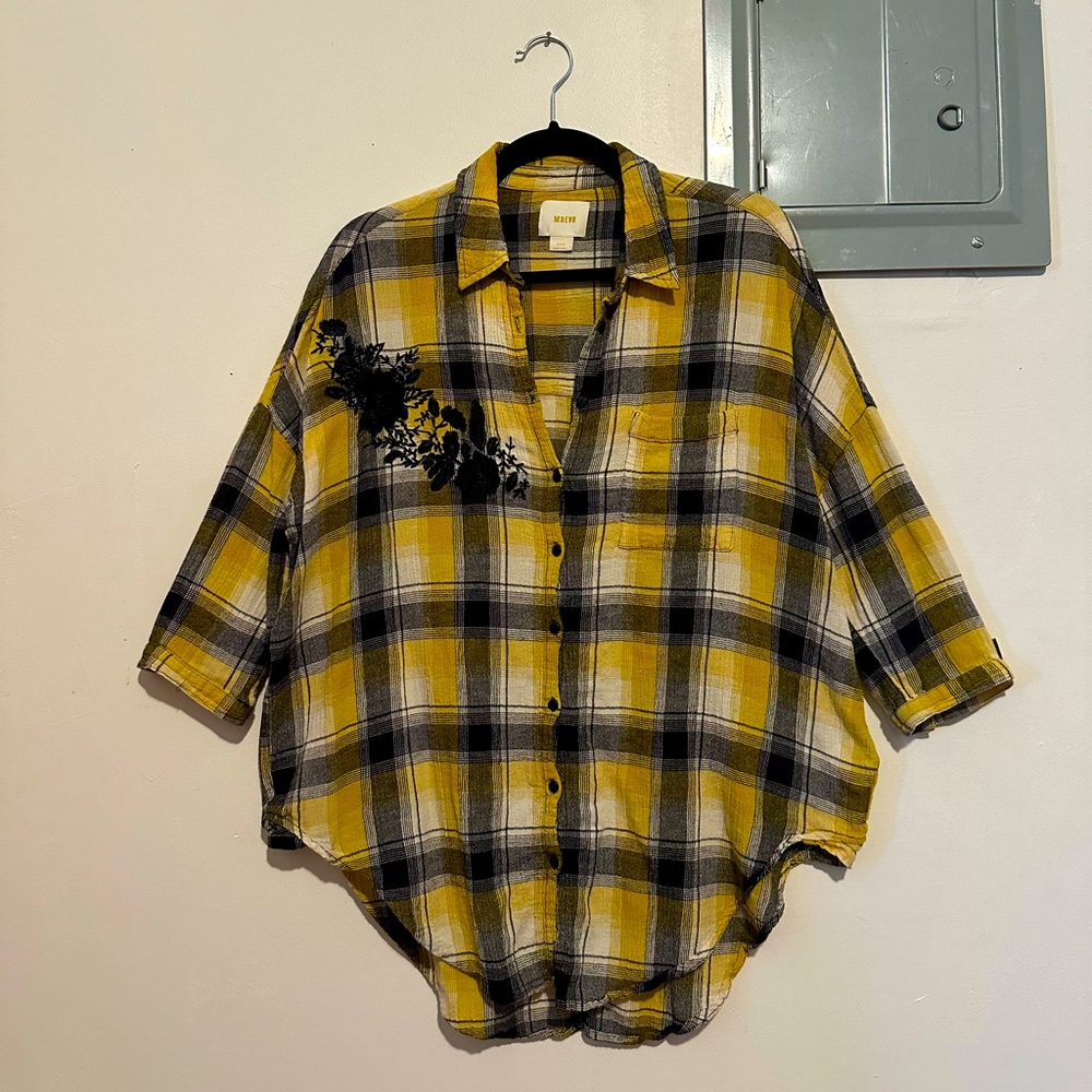 Anthropologie Oversized Yellow Plaid Buttondown